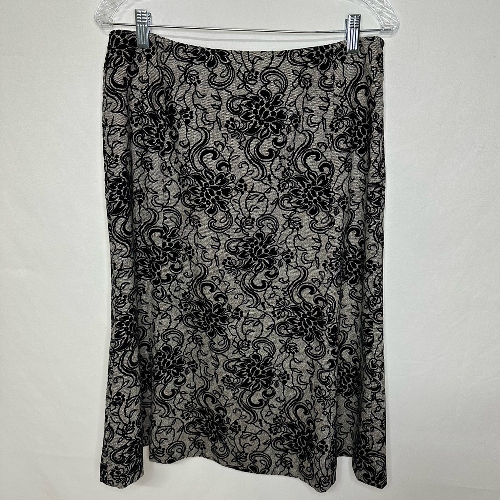 Ann Taylor LOFT Flared Wool Midi Skirt Floral Flocked Black Gray Size 12